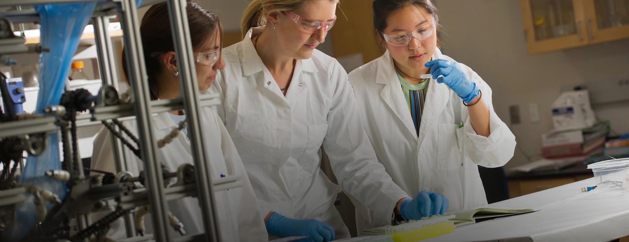 professor and students in lab doing research